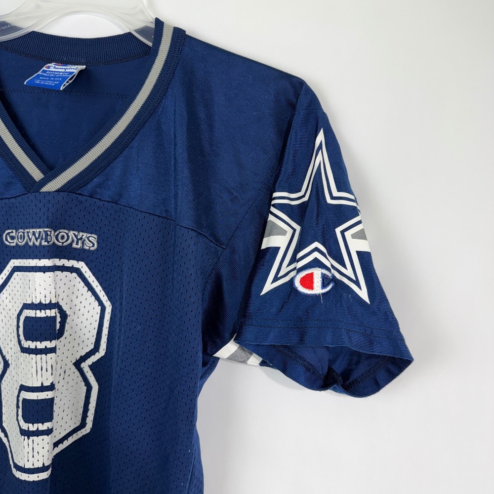 Champion Dallas Cowboys Troy Aikman 8 Jersey Kids Medium 10-12 Navy Blue 90s USA - Picture 2 of 10